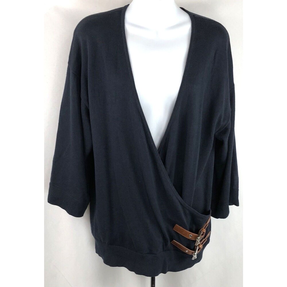 Michael Kors wrap sweater L blue side buckles 3/4 sleeves viscose knit classic
